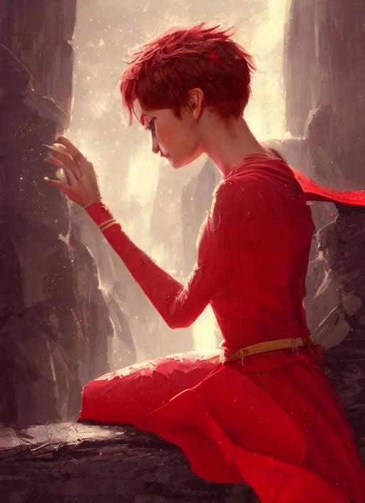 Image similar to Image of tiny pixie sitting on top of a human hand, D&D fantasy, wearing a red dress, intricate, highly detailed, digital painting, artstation, concept art, sharp focus, illustration, art by greg rutkowski and Ross Tran