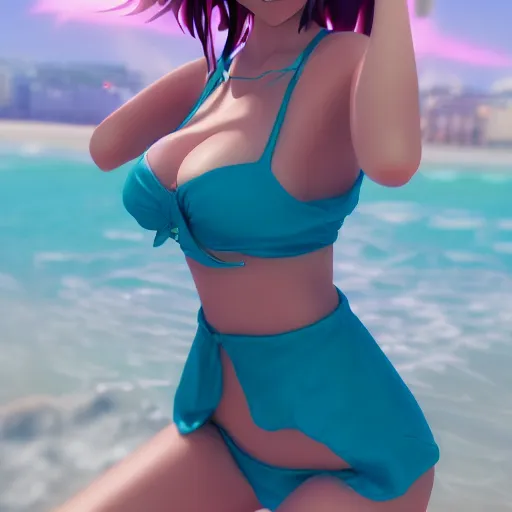 Prompt: render as a very beautiful 3d anime girl, full body, slim, long braided teal hair, azure blue eyes, full round face, short smile, cute bikini, serene beach setting, cinematic lightning, medium shot, mid-shot, highly detailed, trending on Artstation, Unreal Engine 4k, cinematic wallpaper