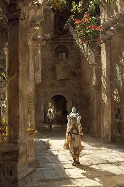 Image similar to an biomechanical palace guard walking through the byzantine courtyard by anders zorn, wonderful, masterpiece by greg rutkowski, beautiful cinematic light, by greg manchess, jessica rossier