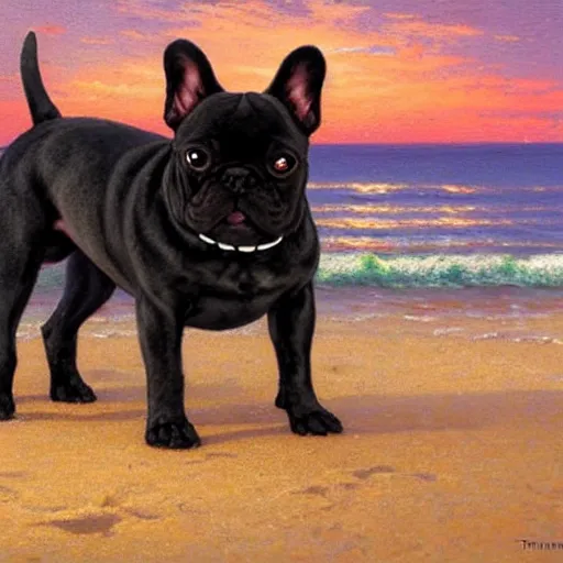 Prompt: black french bulldog on the beach with the sun setting by thomas kinkade