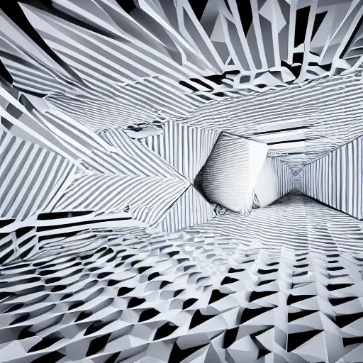 Image similar to Room with several geometric shapes in endless dark cube with white contours. Realistic Concept Art photography