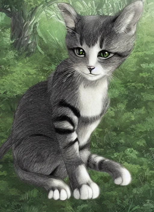 Image similar to beautiful little cat, beautiful lightness, anatomically correct, trending on pixiv, forest