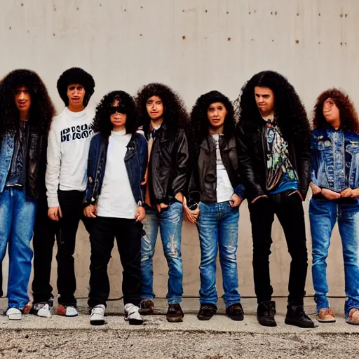 Prompt: Group of ethnically diverse 19-year-old boys and girls with long permed wavy brown hair and afros leather jacket and denim jeans, holding electric guitars, 2022, stoner rock, heavy rock, HD photography