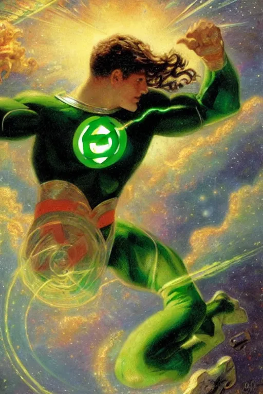 Image similar to green lantern flying through space. art by gaston bussiere.