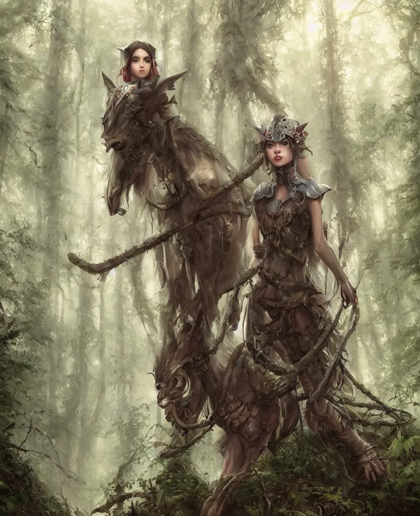 Image similar to portrait of Princess Mononoke girl, fully clothed in armor, lush forest landscape, painted by tom bagshaw, proko, artgerm, norman rockwel, james gurney, denoised, sharp, architectural