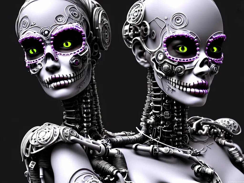 Image similar to ultra detailed, Mechanical Cyberpunk Female Android, dia de los muertos, cyberpunk, fantasy, intricate details, elegant, super highly detailed, professional digital painting, artstation, concept art, smooth, sharp focus, no blur, no dof, extreme illustration, Unreal Engine 5, Photorealism, HD quality, 8k resolution, cinema 4d, 3D, beautiful, cinematic, art by artgerm and michael welan and DZO and greg rutkowski and alphonse mucha and loish and WLOP