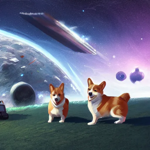 Image similar to Corgis in no man's sky digital art in the style of Greg Rutkowski and Craig Mullins, 4k