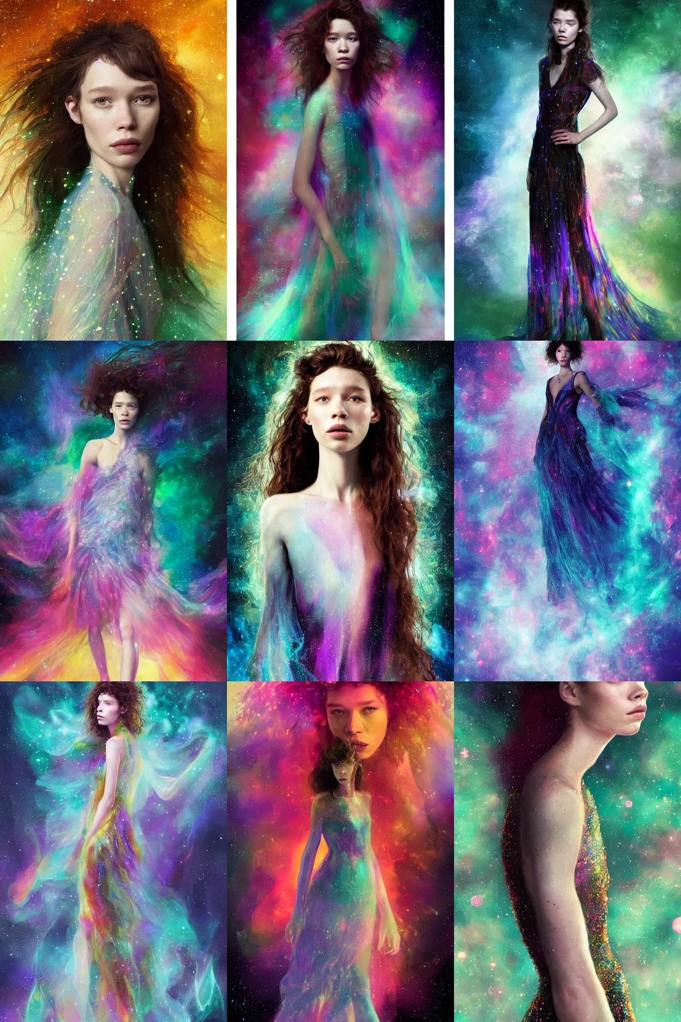 Prompt: masterwork full body portrait of astrid berges frisbey. digital illustration. nebulae hair. wearing a dress made out of space fading into a background of stars. fluid, dreamy, ethereal, vivid colours. sharp focus. highly detailed face. wow! cinematic lighting. trending on artstation. cgsociety.