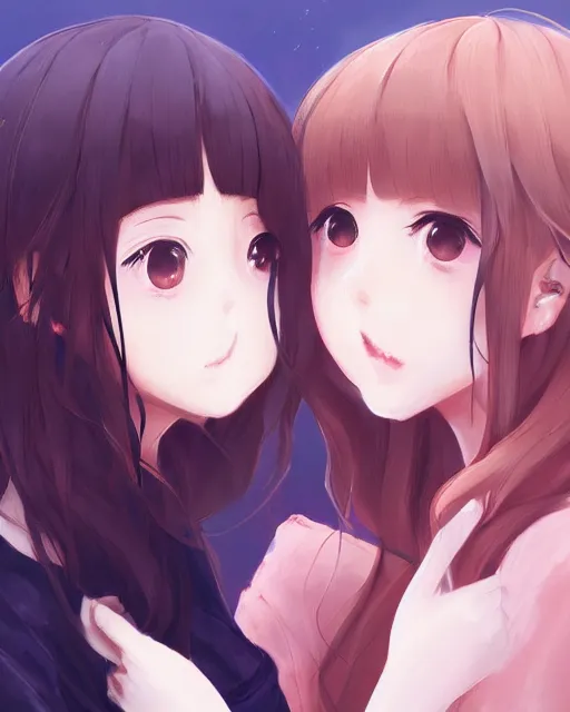 Image similar to portrait of two girls kissing, anime, drawn by WLOP, trending on Artstation