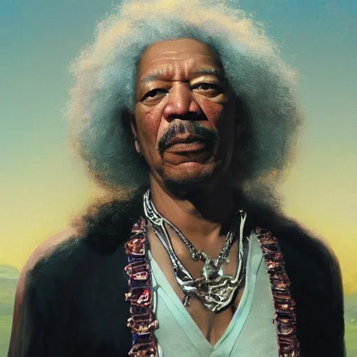 Prompt: UHD movie still of Morgan Freeman as Jimmy Hendrix, by Antonio Caparo and Ferdinand Knab and Greg Rutkowski, UHD, photorealistic, trending on artstation, trending on deviantart