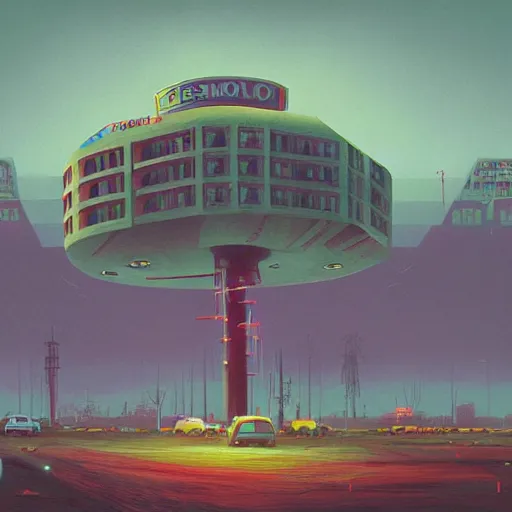 Prompt: post modern hellscape by Simon Stalenhag