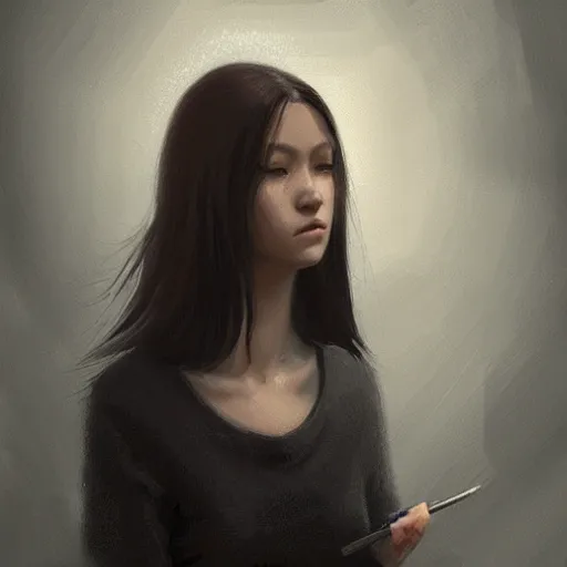 Image similar to portrait of a young woman by greg rutkowski, she is about 2 0 years old, mixture between russian and japanese, pretty, black bob hair with two strands around her face, very tall and slim, wearing a oversized jumper jumpsuit, highly detailed portrait, digital painting, artstation, concept art, smooth, sharp foccus ilustration, artstation hq