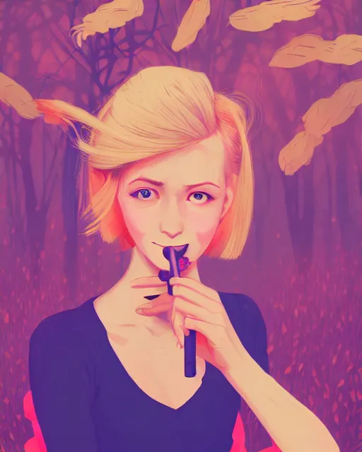 Image similar to digital illustration of pretty girl with short blonde hair hair, from alice in wonderland, smoking, happy eyes, smiling, in a wonderland forest, in junkyard at night, by ilya kuvshinov, lois van baarle, rossdraws, basquiat