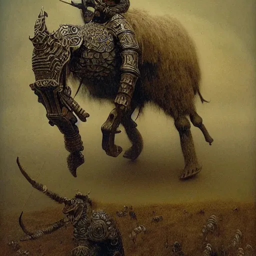 Prompt: ancient norse mammoth rider, wearing norse armor, intricated, hyper detailed, beksinski