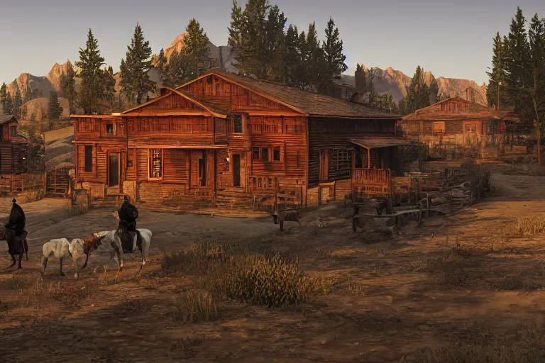 Prompt: A beautiful photo of a Red Dead Redemption town by Ivan Shishkin, 3D render