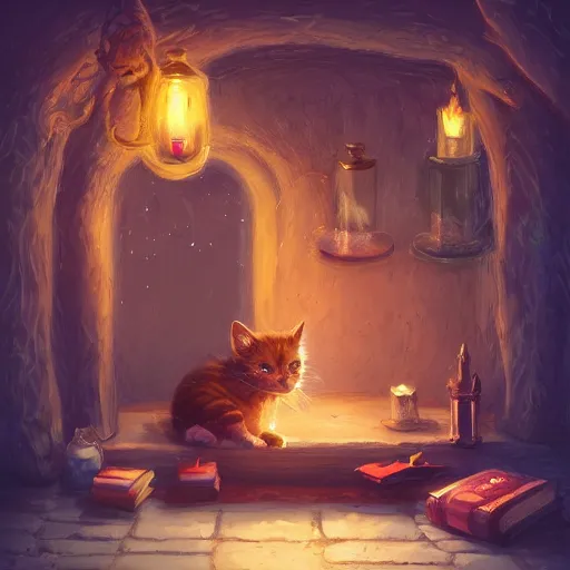 Prompt: beautiful fantasy illustration of an adorable kitten sleeping on the counter of a potion shop. candles, books. by andreas rocha and marc simonetti, trending on artstation 8k hq