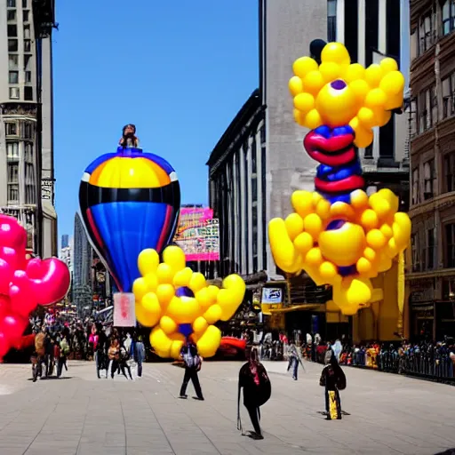 Image similar to Jeff Koons balloon statues in the middle of a busy city street