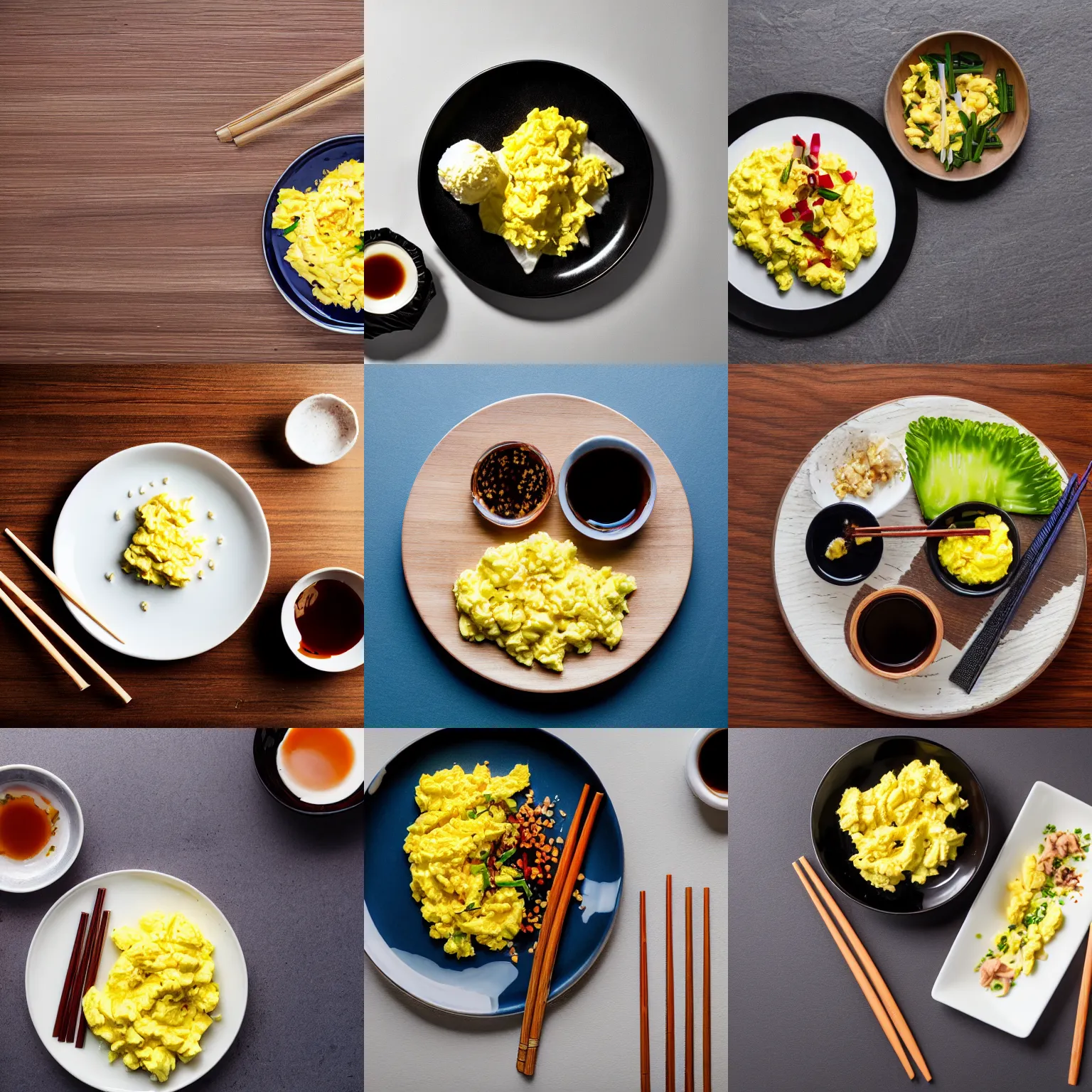 Prompt: a plate with scrambled eggs, chopsticks, a bowl of soy sauce, on wooden table, shot from above, studio lighting