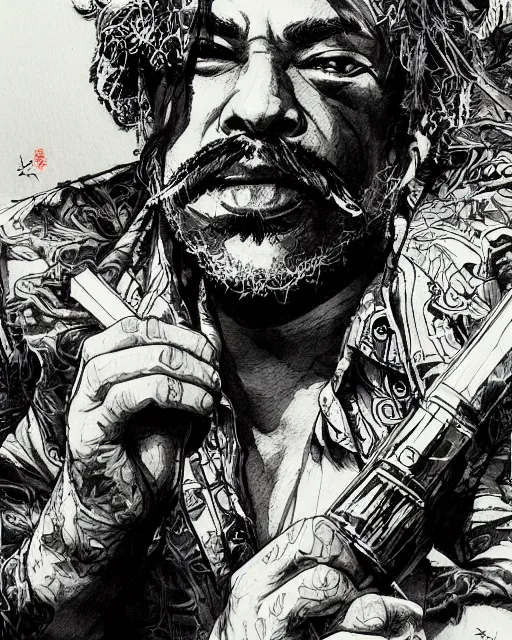 Image similar to portrait of cheech and chong smoking blunts, concept art, sumi - e style, intricate linework, artstation, trending, highly detailed, smooth, focus, art by yoji shinkawa,