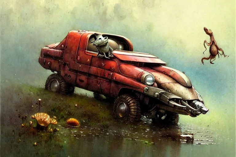 Image similar to adventurer ( ( ( ( ( 1 9 5 0 s retro future robot mouse amphibious vehical home. muted colors. swamp mushrooms ) ) ) ) ) by jean baptiste monge!!!!!!!!!!!!!!!!!!!!!!!!! chrome red