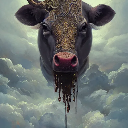 Prompt: sacred cow, acanthus scroll, ceremonial clouds, dripping paint, fibonacci rhythm, artstation, art germ, wlop, karol bak, christopher balaskas, ross tran