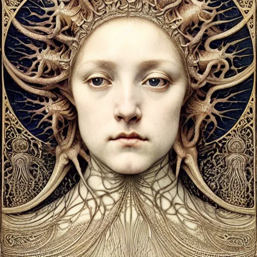 Image similar to detailed realistic beautiful young medieval queen face portrait by jean delville, gustave dore, iris van herpen and marco mazzoni, art forms of nature by ernst haeckel, art nouveau, symbolist, visionary, gothic, pre - raphaelite, fractal lace, surrealityhorizontal symmetry