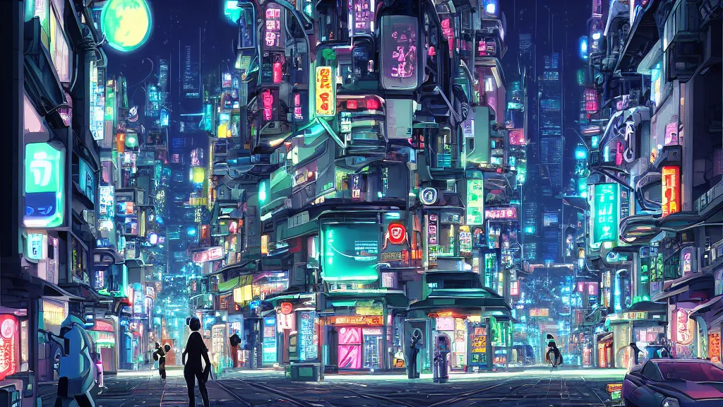 Image similar to street view of futuristic robot tokyo city at night by cyril rolando and naomi okubo and dan mumford and ricardo bofill. robots. robots walking the streets. advertisements for robots. robot shiba inu being walked by robots. robot city. neon advertisements.