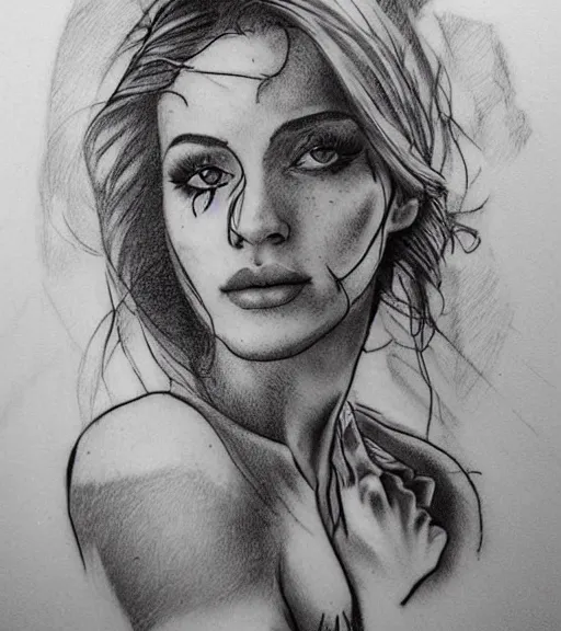 Image similar to tattoo design sketch of an extremely beautiful woman face with a faded background of stunning mountain view on her side, hyper - realistic, in the style of matteo pasqualin, amazing detail, black and white, faded