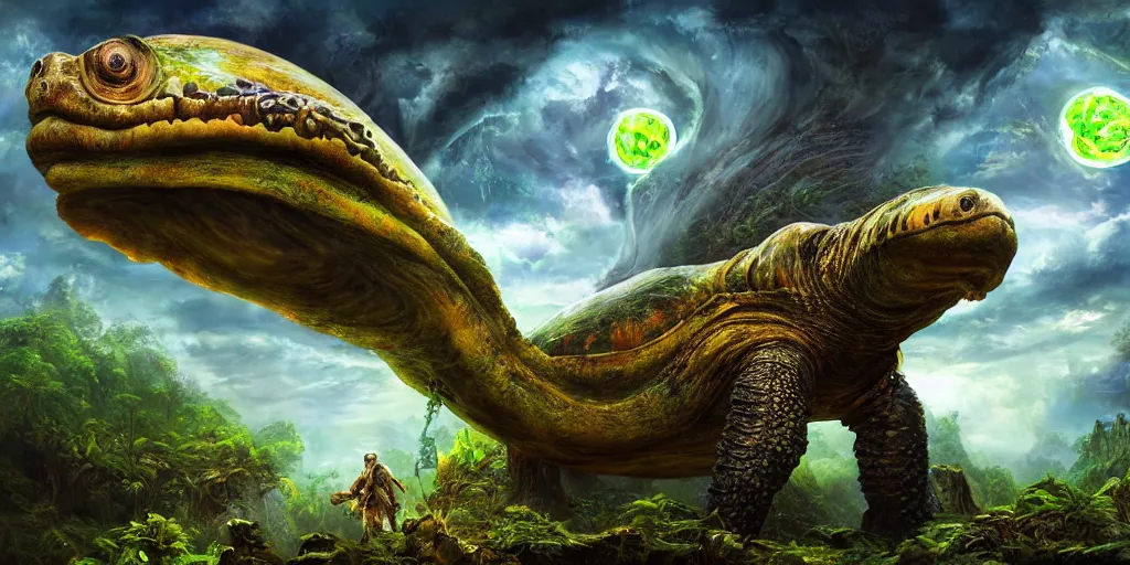 Image similar to fantasy oil painting, alien spacecraft, outer worlds, great leviathan, turtle cephalopod terrapin reptilian pachyderm amphibian hybrid, rainforest mountains, lush plants flowers, epic natural light, bright clouds, luminous sky, bright cinematic key lighting, michael cheval, michael whelan, vray, 8 k hd