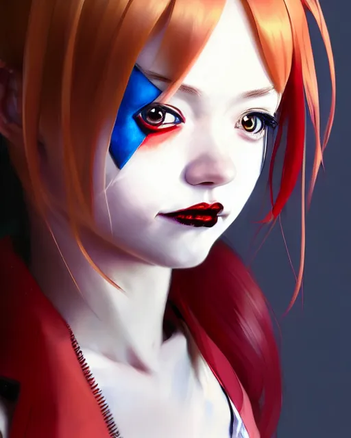 Image similar to portrait Anime as harley-quinn character girl cute-fine-face, brown-red-hair pretty face, realistic shaded Perfect face, fine details. Anime. realistic shaded lighting by Ilya Kuvshinov katsuhiro otomo ghost-in-the-shell, magali villeneuve, artgerm, rutkowski, WLOP Jeremy Lipkin and Giuseppe Dangelico Pino and Michael Garmash and Rob Rey