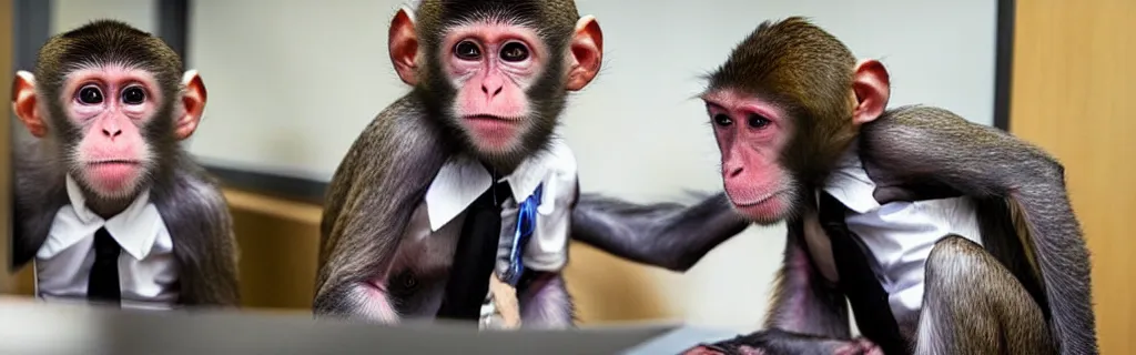 Image similar to monkeys wearing ties as employees in the cubical offices, chaos of papers around