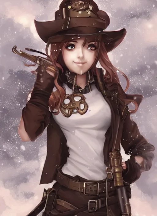 Image similar to girl with steampunk weapons and uniform, smug, finely detailed, made by artgerm, ross tran, full body portrait, illustration, snow, snowing, cloudy, anime, side view, perfect anime face, realistic face, zoomed out, smooth, brown eyes, high waisted shorts