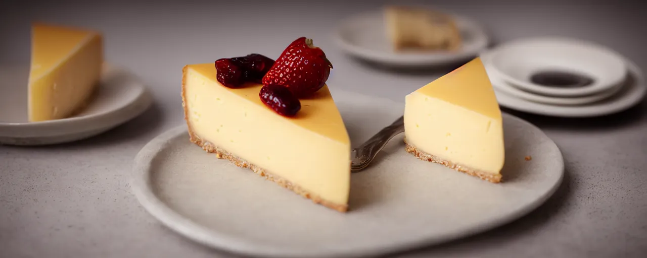 Prompt: a piece of cheese cake from a high class bakery, depth of field, dark setup, dynamic lighting, food photography, isometric, tasty, wide shot, studio, bokeh, gmaster, cooking, food, kodak, sony, canon