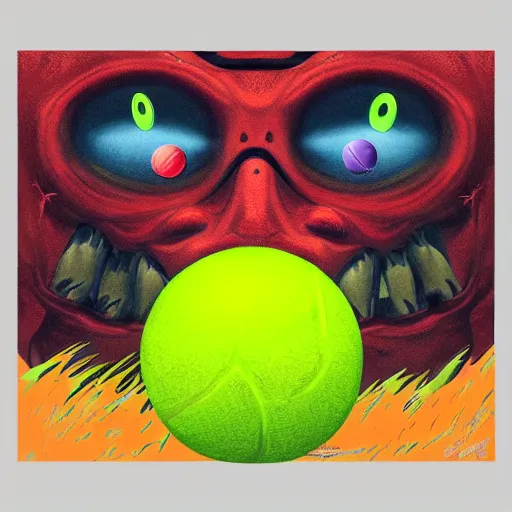 Prompt: a tennis ball monsters cinematic poster, colorful, digital art, fantasy, magic, chalk, trending on artstation, ultra detailed, professional illustration by basil gogos