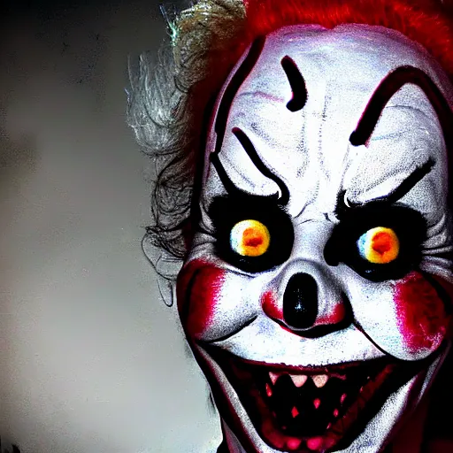 Image similar to terrifying clown, horror, creepypasta, unsettling, camera footage, found footage