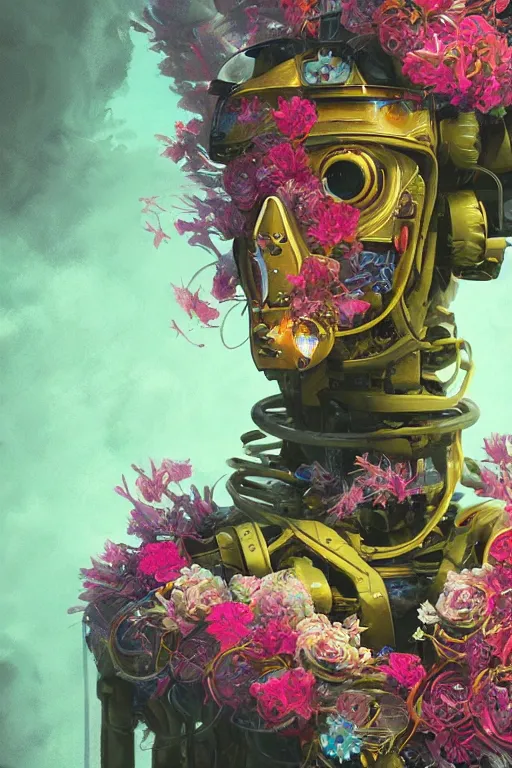 Prompt: closeup, underwater digital painting of a robot wearing a suit made of flowers, cyberpunk portrait by Filip Hodas, cgsociety, panfuturism, abstract expressionism, anaglyph, made of flowers, dystopian art, vaporwave