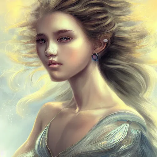 Image similar to A portrait of an attractive young female wind angel, beautiful long cloud hair, wearing tumultus clouds, intricate, highly detailed, elegant, digital painting, trending on artstation