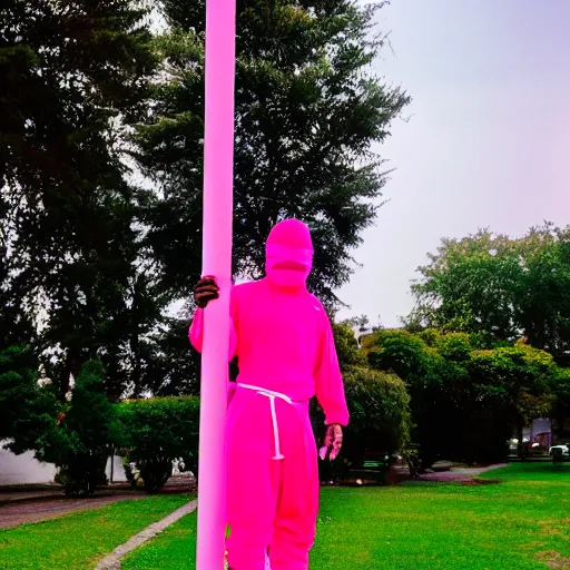 Prompt: a ninja with sword standing on a pole in neon pink clothes