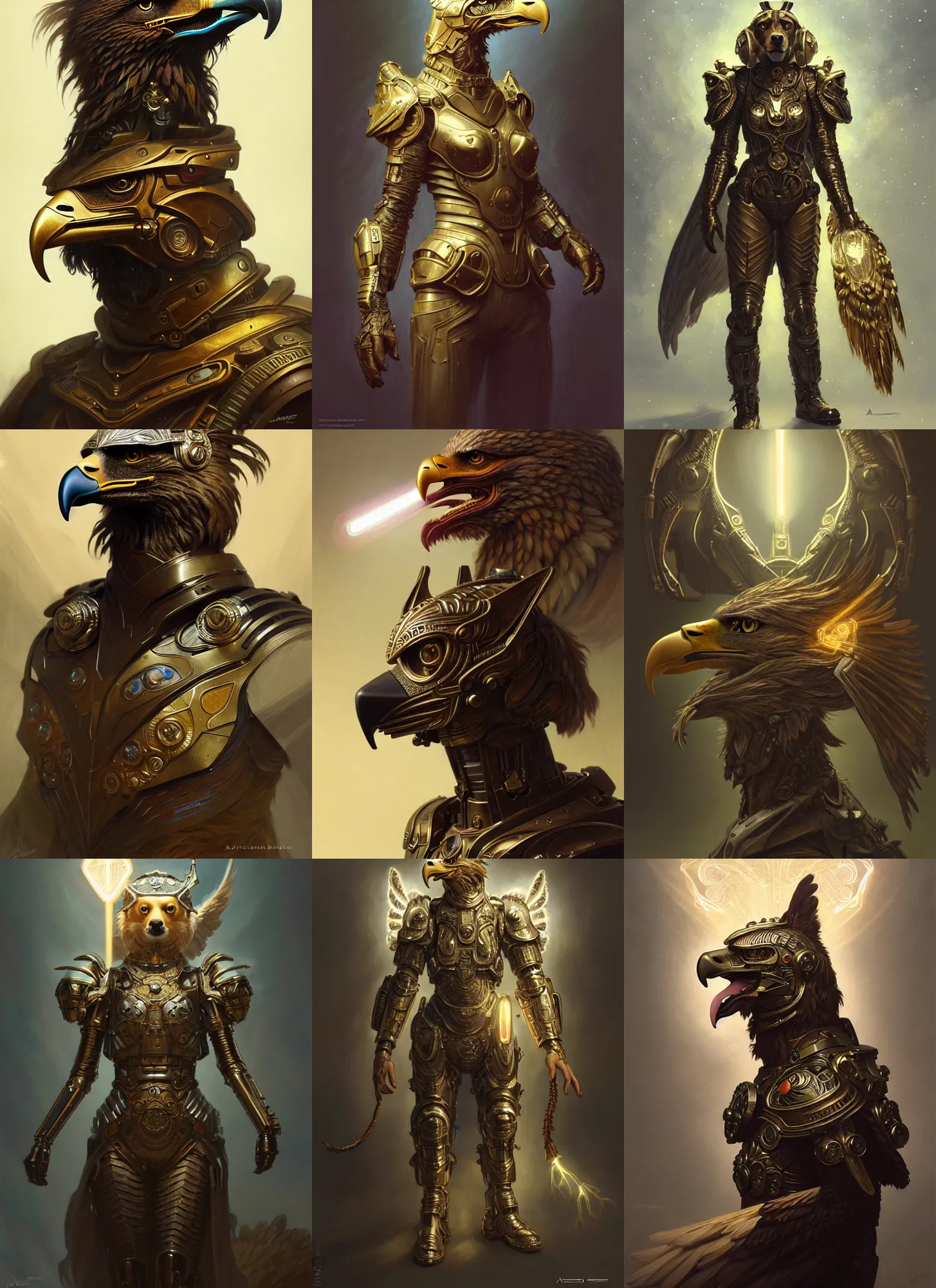 Prompt: a anthropomorphic dog eagle wearing scifi armor with light, diffuse lighting, fantasy, intricate, elegant, highly detailed, lifelike, photorealistic, digital painting, artstation, illustration, concept art, smooth, sharp focus, art by john collier and albert aublet and krenz cushart and artem demura and alphonse mucha