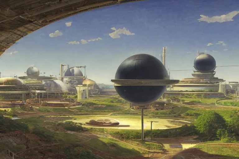 Image similar to an impressive science fiction big factory with a spherical architecture designed by boeing military and star wars with fat cables and pipes, on a beautiful green hill in a the french countryside during spring season, painting by studio ghibli backgrounds and louis remy mignot hd, nice lighting, smooth tiny details, soft and clear shadows, low contrast, perfect