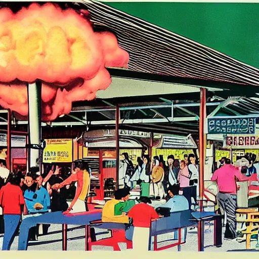 Image similar to A 1980s poster of a hawker centre and mushroom cloud