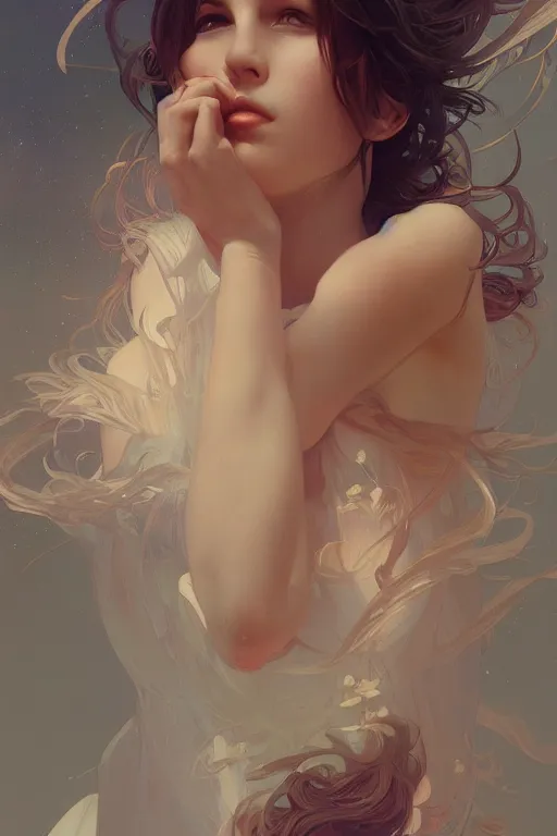 Image similar to beautiful, final fantsy, digital painting, portrait , cinematic lighting, highly detailed, artstation, concept art, illustration, smooth, sharp focus, editor's pickup, trending on artstation, trending on deviantart, alphonse mucha, WLOP