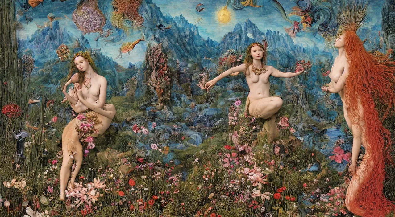 Prompt: a meditating druid mermaid surrounded by flowers. her skin is covered in scales and feathers. landscape with mountains, river and burning stars. painted by jan van eyck, max ernst and ernst haeckel, trending on artstation, 8 k, award winning, hard lighting, fashion editorial, mythology, photorealistic, ernst fuchs, bodhisattva, burning fires