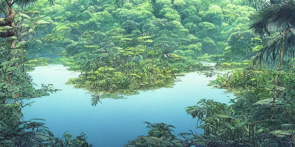 Image similar to sri lankan river in a jungle, drawn by hayao miyazaki