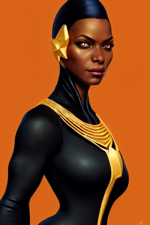 Image similar to portrait of black super woman, velvet gown,highly detailed and rendered gold jewelry, digital art, intricate, sharp focus, Trending on Artstation, HQ, unreal engine 5, 4K UHD image, by brom, artgerm, face by Otto Schmidt