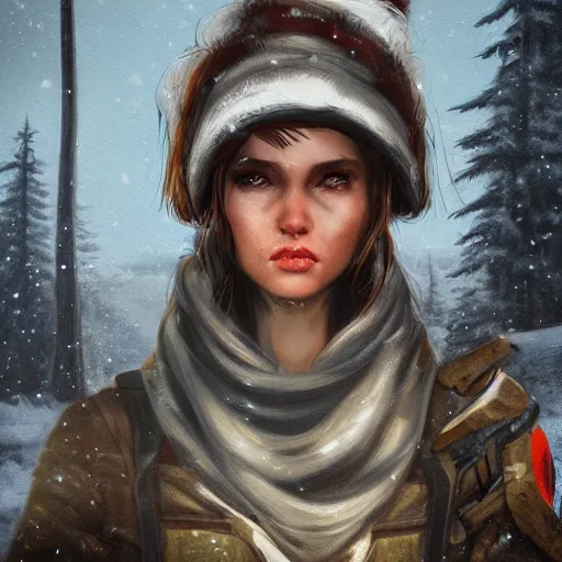 Image similar to A comic book style portrait painting of a female ranger in a a post apocalyptic winter landscape, unreal 5, DAZ, hyperrealistic, octane render, RPG portrait, ambient light, dynamic lighting