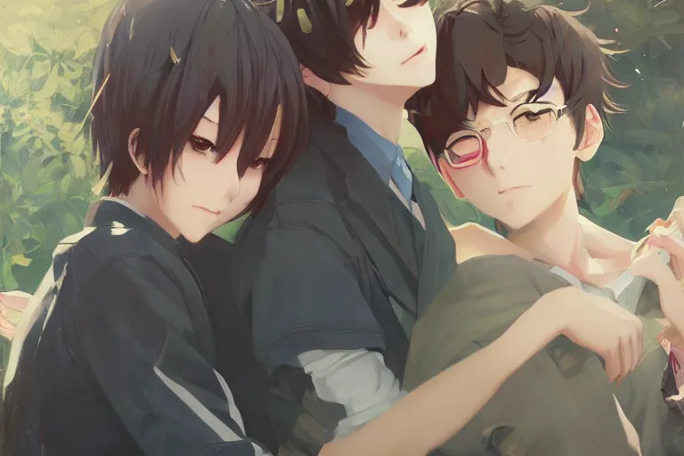 Image similar to boy's love anime high school scene spring setting, expert high detail concept art, romantic undertones, perfect proportions fine - face, realistic shaded lighting poster ilya kuvshinov, katsuhiro, jeremy lipkin and michael germash, makoto shinkai, loish and clamp style, trending on art station, best selling artist