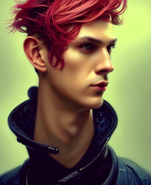 Image similar to a whirlwind inside the metaverse, guy, male, man, science, machine face, fashionable haircut, piercing, half body, neurochip, android, cyberpunk face, by loish, d & d, fantasy, intricate, elegant, highly detailed, colorful, digital painting, artstation, concept art, art by artgerm and greg rutkowski and alphonse mucha