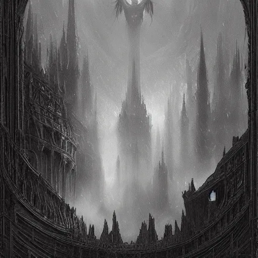 Prompt: Dark art dark and grungy gothic, hyperdetailed, artstation, trending on cgsociety, ultra high quality, golden ratio, intricate artwork masterpiece, black and white, by greg rutkowski, by Gustave Dore, 8k, High contrast