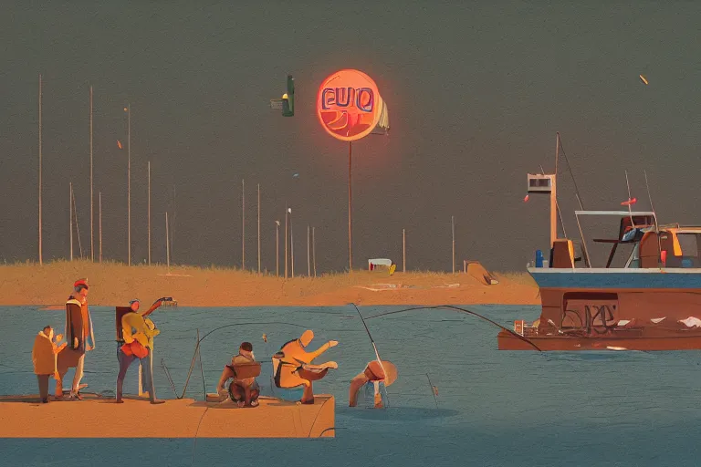 Image similar to mid - thirties guys binge drinking and fishing, in the style of simon stalenhag